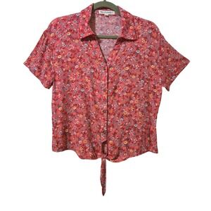 Wallflower Womens Red Floral Button Up Tie Front Short Sleeve Rayon Blouse Sz L